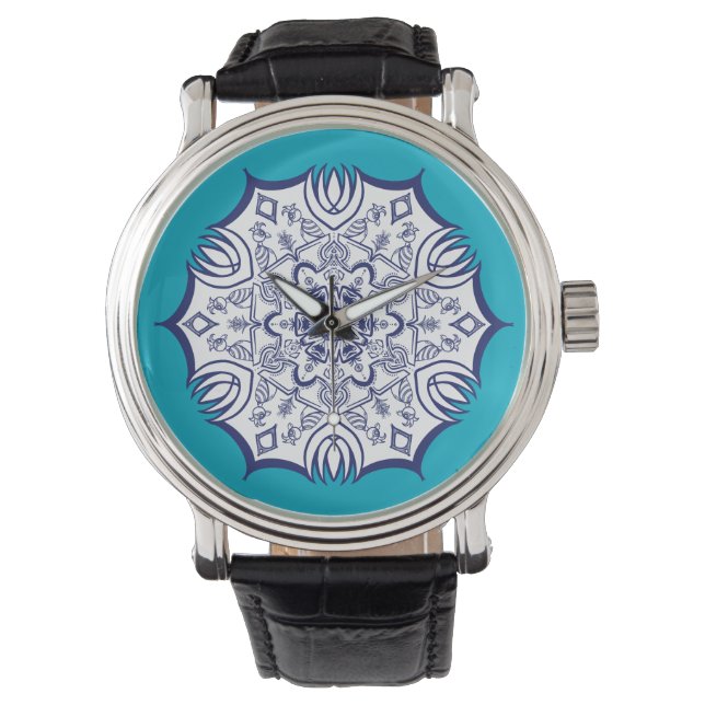 Blauw & Wit Mandel met Wezens Thermal Tumble Horloge (Voorkant)