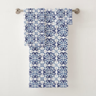 Blauw & wit Marokkaans tapijtpatroon Bad Handdoek