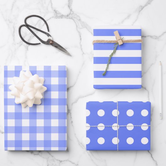 Blauw Wit Matching Patterns Gingham Stippen Gestre Inpakpapier Vel (Voorkant)