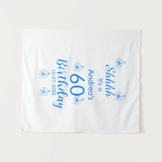 Blauw wit mauve shhhh 60ste verjaardag bloem naam wandkleed (Voorkant (horizontaal))