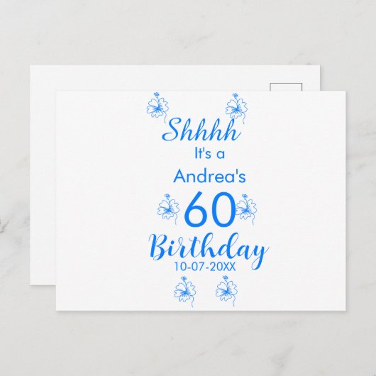 Blauw wit mauve shhhh 60ste verjaardag bloemnaam aankondigingskaart (Voorkant / Achterkant)
