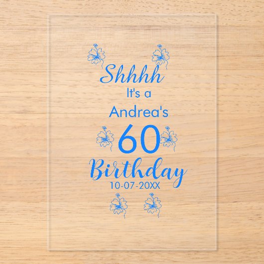 Blauw wit mauve shhhh 60ste verjaardag bloemnaam acryl uitnodigingen (Voorkant)