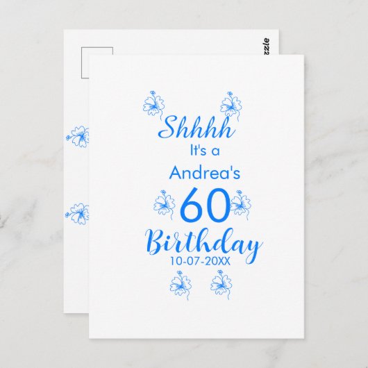 Blauw wit mauve shhhh 60ste verjaardag bloemnaam briefkaart (Voorkant / Achterkant)