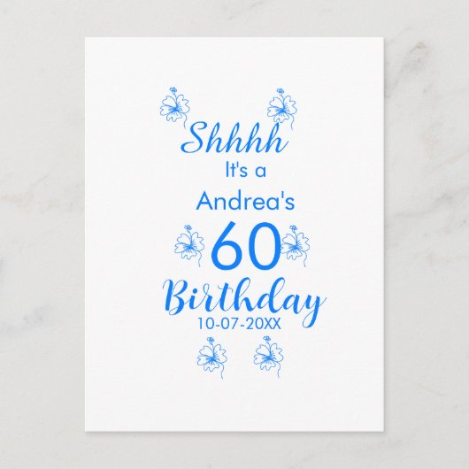 Blauw wit mauve shhhh 60ste verjaardag bloemnaam briefkaart (Voorkant)