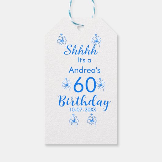 Blauw wit mauve shhhh 60ste verjaardag bloemnaam cadeaulabel (Achterkant)