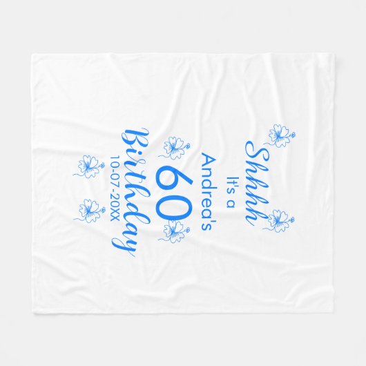 Blauw wit mauve shhhh 60ste verjaardag bloemnaam fleece deken (Voorkant (Horizontaal))