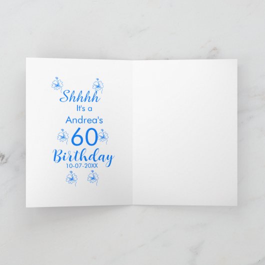 Blauw wit mauve shhhh 60ste verjaardag bloemnaam kaart (Binnen)