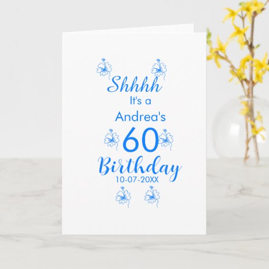 Blauw wit mauve shhhh 60ste verjaardag bloemnaam kaart (Gele Bloem)