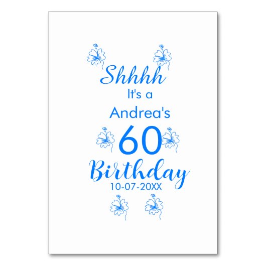 Blauw wit mauve shhhh 60ste verjaardag bloemnaam kaart (Voorkant)