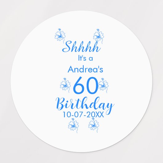 Blauw wit mauve shhhh 60ste verjaardag bloemnaam labels (Design 2)