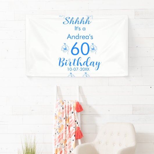 Blauw wit mauve shhhh 60ste verjaardag bloemnaam spandoek (Insitu)