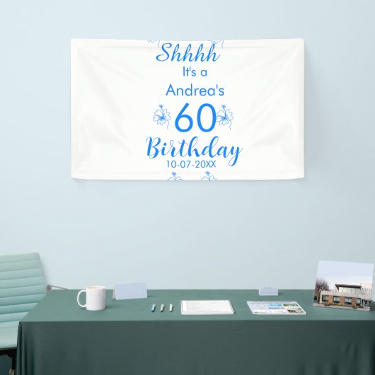 Blauw wit mauve shhhh 60ste verjaardag bloemnaam spandoek (Beurs)