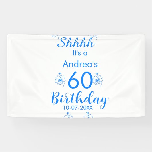 Blauw wit mauve shhhh 60ste verjaardag bloemnaam spandoek (Horizontaal)