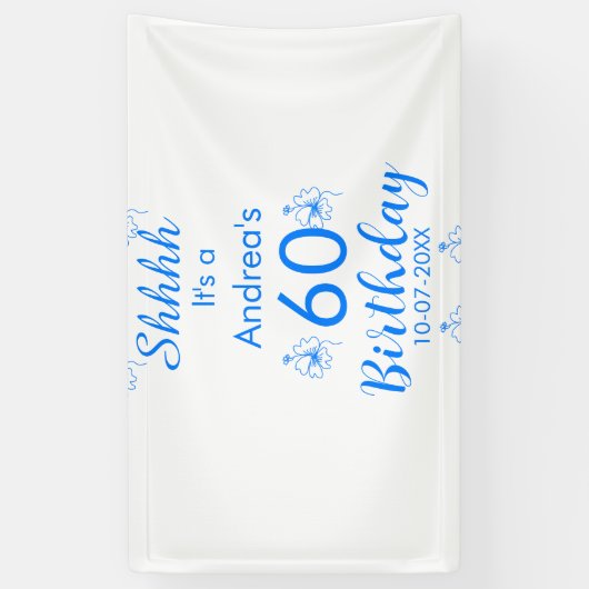 Blauw wit mauve shhhh 60ste verjaardag bloemnaam spandoek (Verticaal)