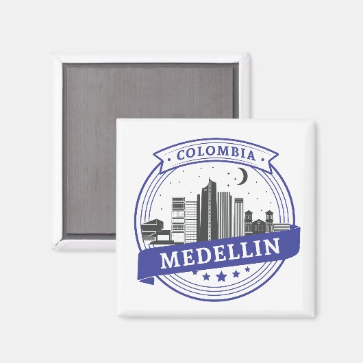 Blauw Wit Medellin Colombia Cityscape Logo Magneet (Voorkant / Achterkant)