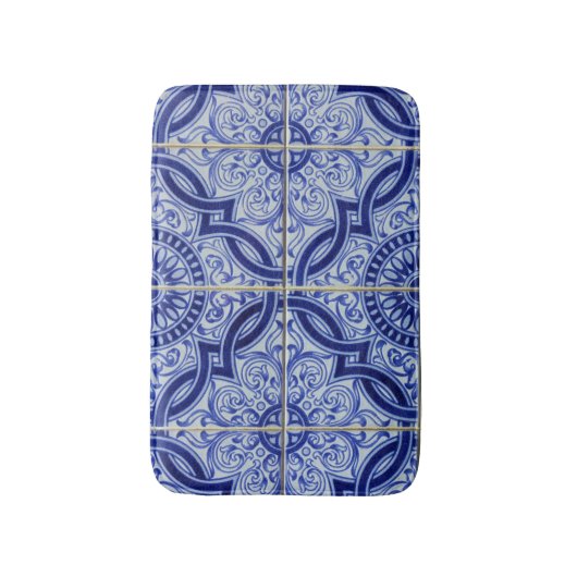 Blauw + Wit Mediterraan Azulejo Tegel Patroon Badmat (Voorkant Verticaal)