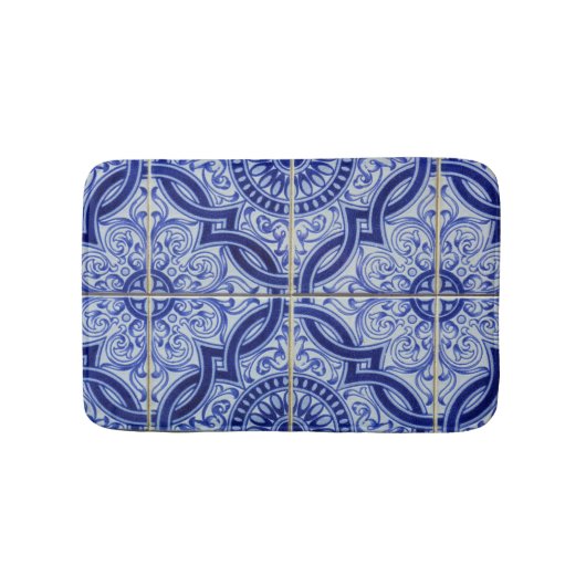 Blauw + Wit Mediterraan Azulejo Tegel Patroon Badmat (Voorkant)