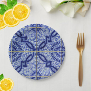 Blauw + Wit Mediterraan Azulejo-tegelpatroon Papieren Bordje
