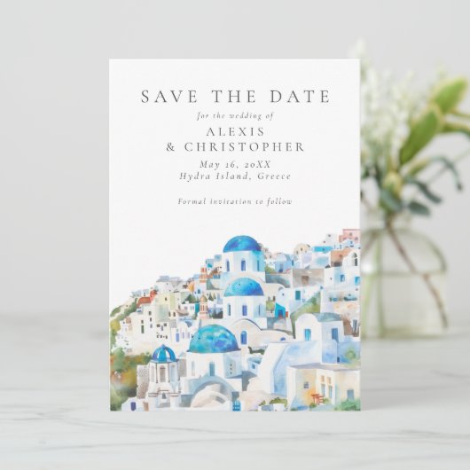 Blauw & Wit Mediterraan Landschap Bruiloft Save The Date (Staand voorkant)