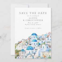 Blauw & Wit Mediterraan Landschap Bruiloft Save The Date