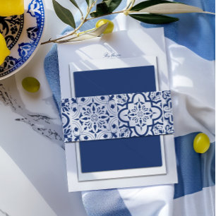 Blauw & Wit Mediterraan Tegel bruiloft Uitnodigingen Wikkel