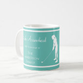 Blauw Wit meer naam Lady golfer silhouet Koffiemok (Voorkant links)