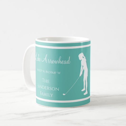 Blauw Wit meer naam Lady golfer silhouet Koffiemok (Voorkant links)