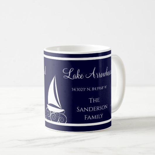 Blauw-wit met de naam van uw zeilboot koffiemok (Voorkant rechts)