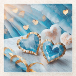 BLAUW & WIT MET GOUDEN RAND HARTEN GLAZEN ONDERZETTER