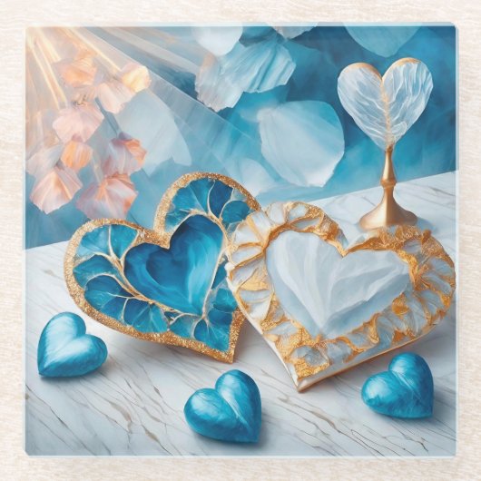 BLAUW & WIT MET GOUDEN RAND HARTEN GLAZEN ONDERZETTER (Voorkant)