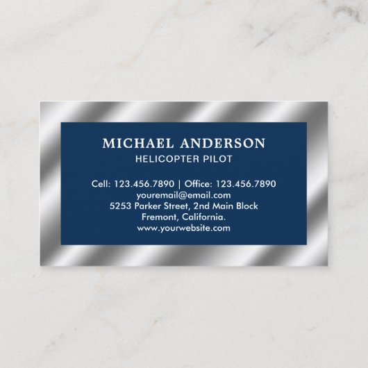 Blauw-Wit Metallic Steel Helikopterpiloot Visitekaartje (Achterkant)
