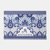 Blauw-wit Mexicaans Tegel Monogram | Bienvenidos Deurmat (Voorkant)