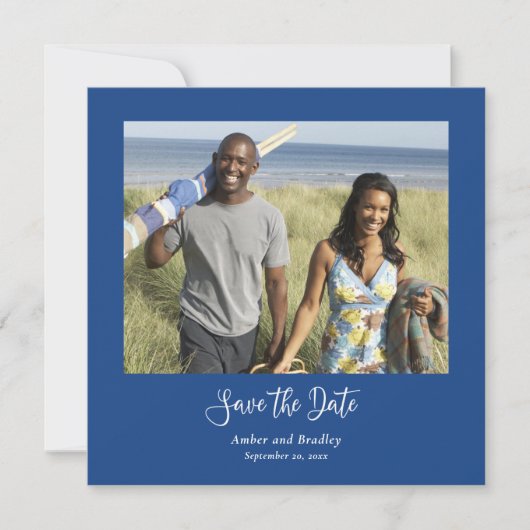 Blauw Wit Minimale Foto QR Code Save the Date Kaart (Voorkant)