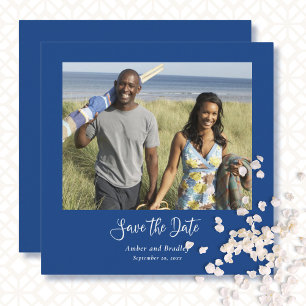Blauw Wit Minimale Foto QR Code Save the Date Kaart