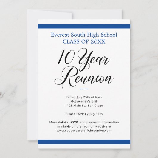 Blauw Wit Minimalist 10 Jaar Klasse Reünie Kaart (Voorkant)