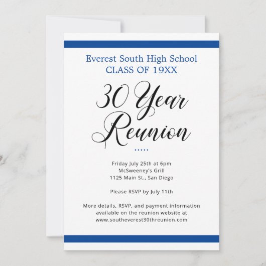 Blauw-wit minimalistisch 30 jaar klasse reünie kaart (Voorkant)