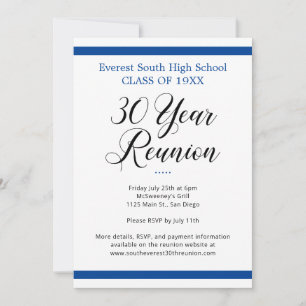 Blauw-wit minimalistisch 30 jaar klasse reünie kaart
