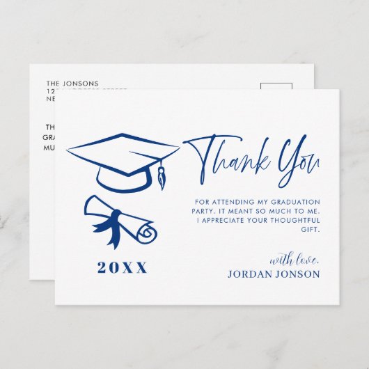 Blauw Wit Minimalistisch Modern Afstuderen Dank u Briefkaart (Voorkant / Achterkant)