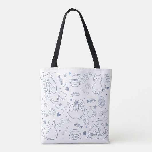 Blauw-wit minimalistische Cat Hobbies Tote Bag (Achterkant)