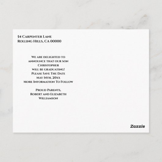 Blauw Wit Modern Classic Afstuderen Save the Date Briefkaart (Achterkant)