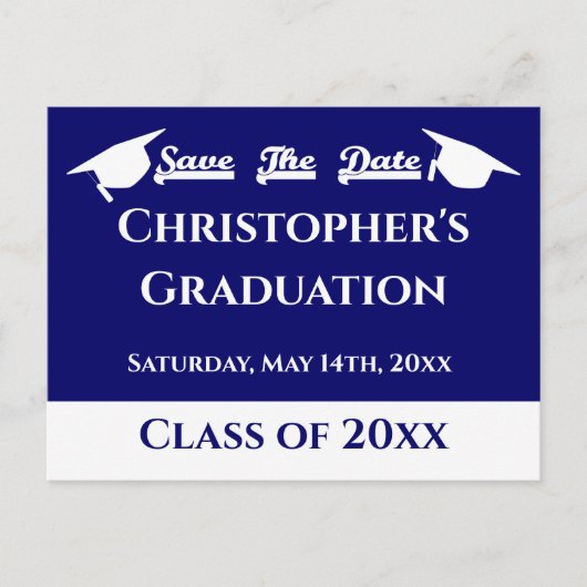 Blauw Wit Modern Classic Afstuderen Save the Date Briefkaart (Voorkant)