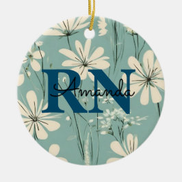 Blauw Wit Modern Daisy Gepersonaliseerde Naam RN V Keramisch Ornament