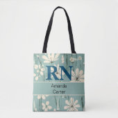 Blauw Wit Modern Daisy Gepersonaliseerde Naam RN V Tote Bag (Voorkant)