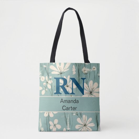 Blauw Wit Modern Daisy Gepersonaliseerde Naam RN V Tote Bag (Voorkant)
