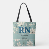 Blauw Wit Modern Daisy Gepersonaliseerde Naam RN V Tote Bag (Achterkant)