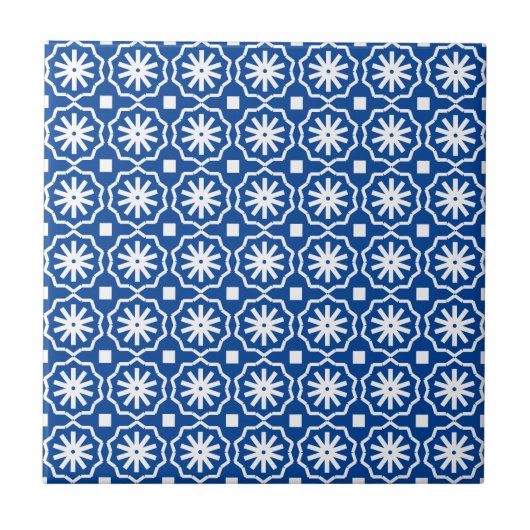 Blauw wit modern geometrisch bloempatroon tegeltje (Voorkant)