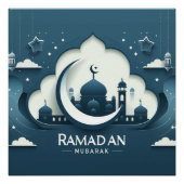 Blauw-wit modern Ramadan Mubarak Poster (Voorkant)