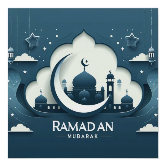 Blauw-wit modern Ramadan Mubarak Poster (Voorkant)