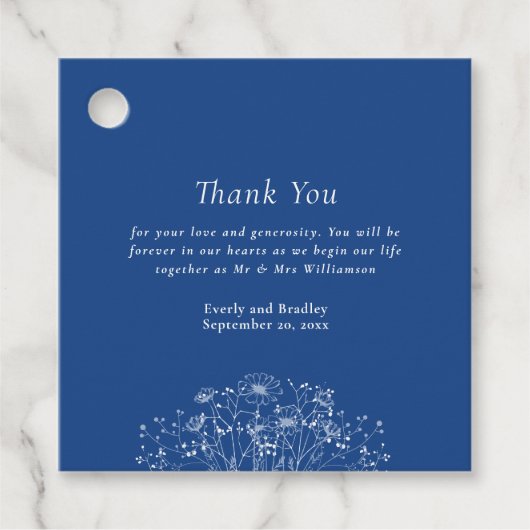 Blauw Wit Modern Wildflower Bruiloft Dank u Bedankjes Labels (Voorkant)