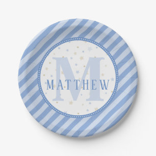 Blauw & Wit Monogram Baby Borrel Papieren Bordje